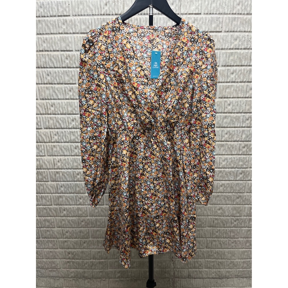 Cupshe Floral Long Sleeve Mini Dress XS Multicolor V-Neck Elastic Waist NWT